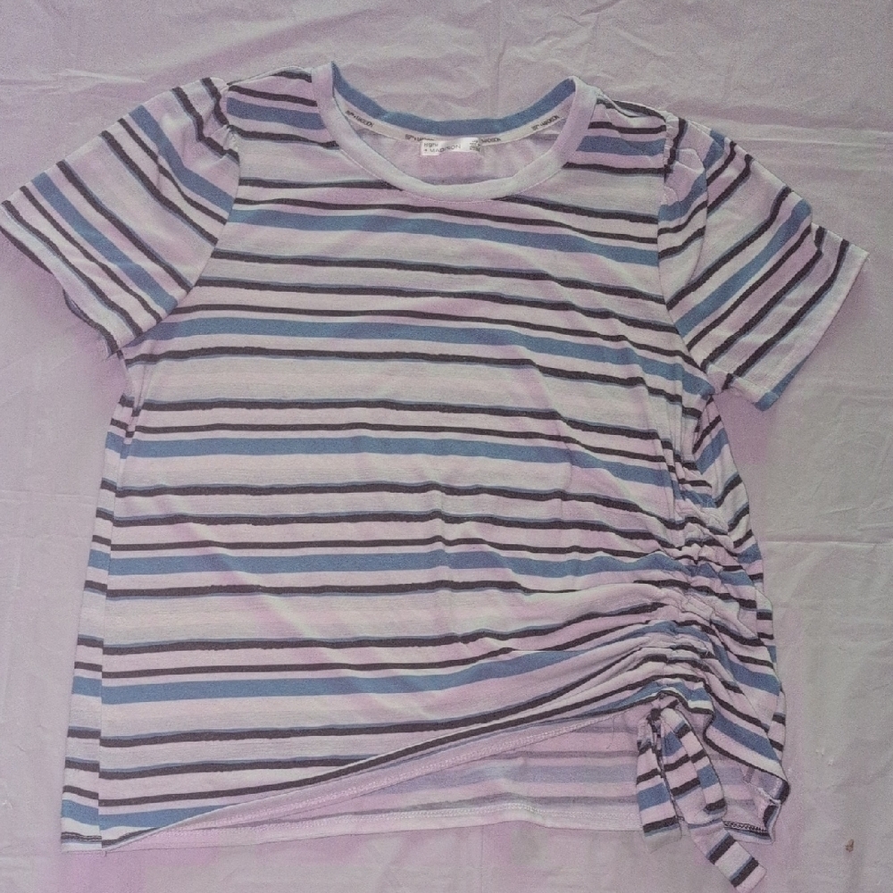Blue and Black Striped Asymmetrical Short Sleeve Tee Size Lg